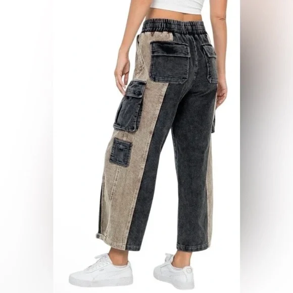 Stoosh Black and Tan Corduroy Color Block Cargo Pants - Picture 3 of 10